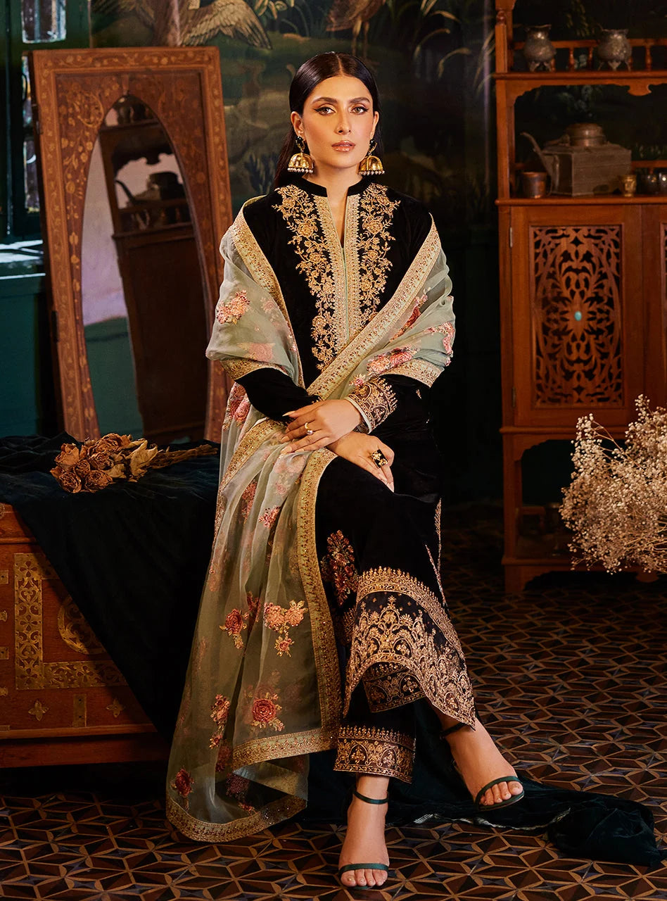 Deep Noir Black & Muted Gold: Embroidered Velvet Suit