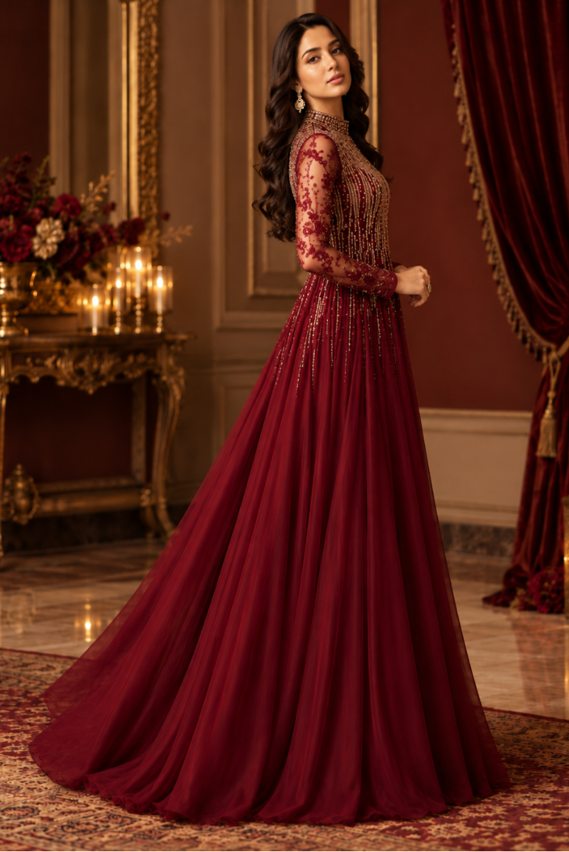 Maroon Heavy Embroidered Chiffon Maxi – Ready-to-Wear 3 Piece