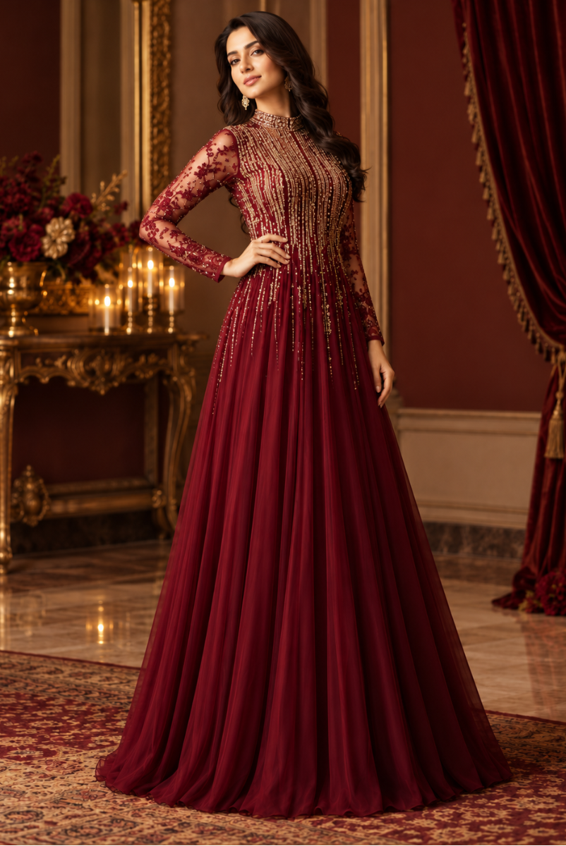Maroon Heavy Embroidered Chiffon Maxi – Ready-to-Wear 3 Piece
