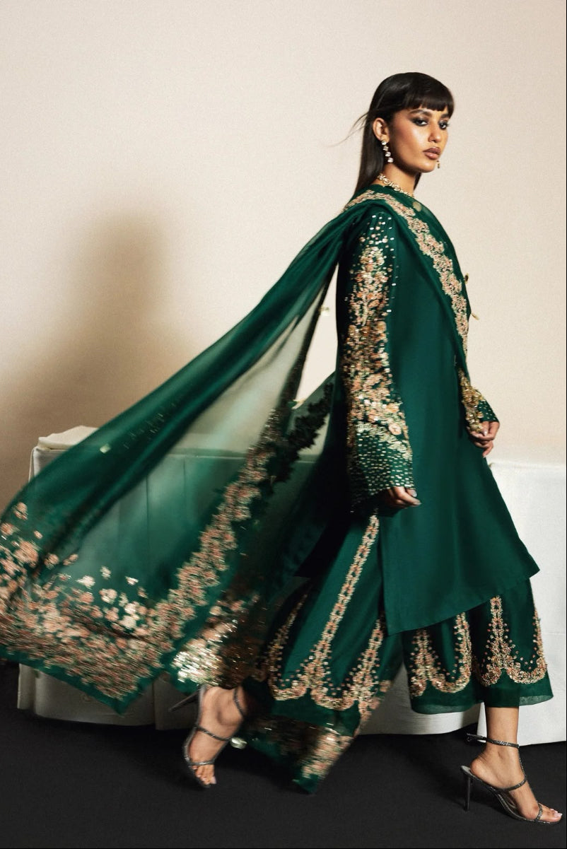 Emerald Mist Raw Silk Embroidered 3-Piece  Ready To Wear