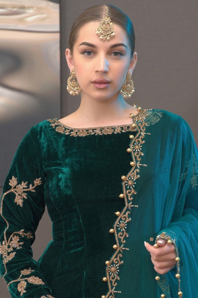 Emerald Green & Gold: Flared Velvet Frock | Ready To Wear