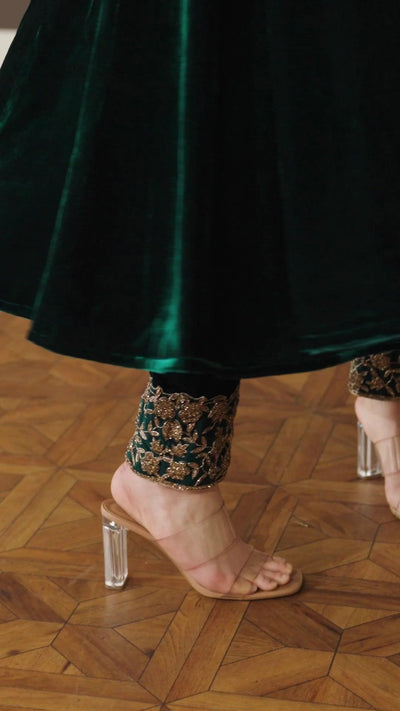 Emerald Green & Gold: Flared Velvet Frock | Ready To Wear