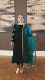 Emerald Green & Gold: Flared Velvet Frock | Ready To Wear