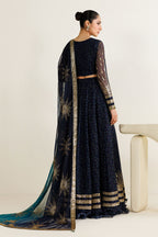 Dual-Tone Navy Teal: Printed & Embroidered Chiffon Maxi