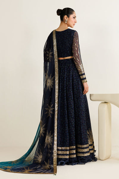 Dual-Tone Navy Teal: Printed & Embroidered Chiffon Maxi
