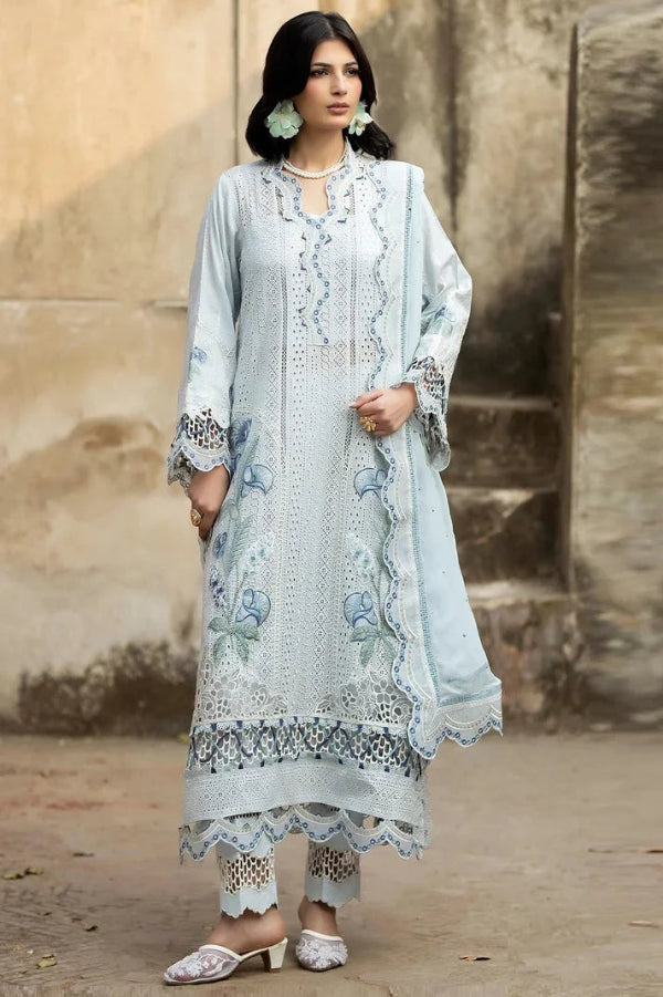 Crisp Ice Blue & White Cutwork Embroidered Chiffon Suit