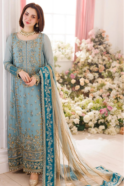 Pastel Ice Blue: Embroidered Chiffon Suit | Ready To Wear