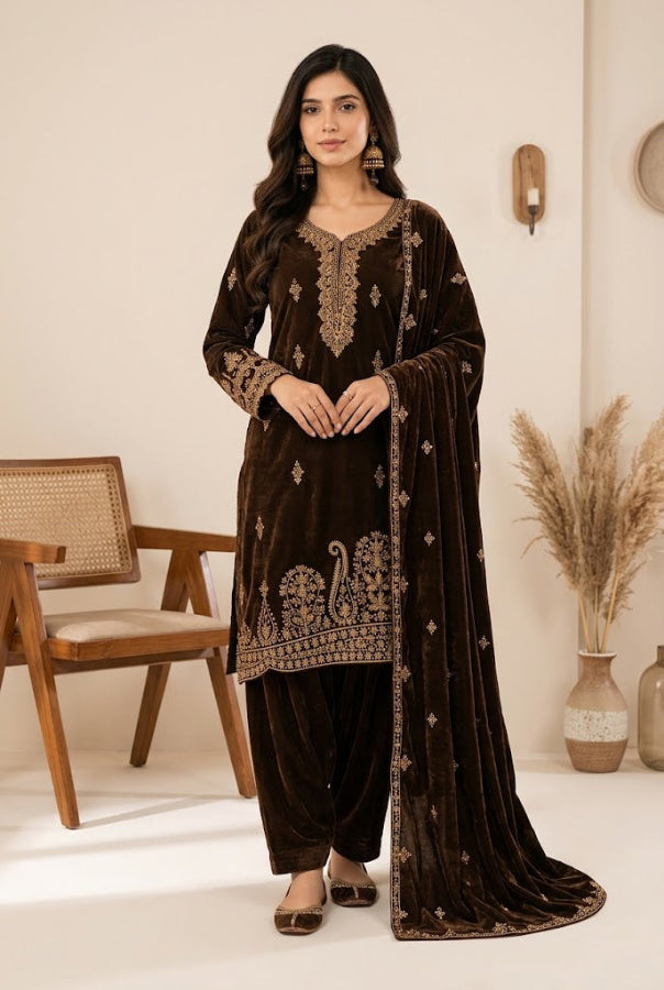 Deep Chocolate Brown & Antique: Embroidered Velvet Suit