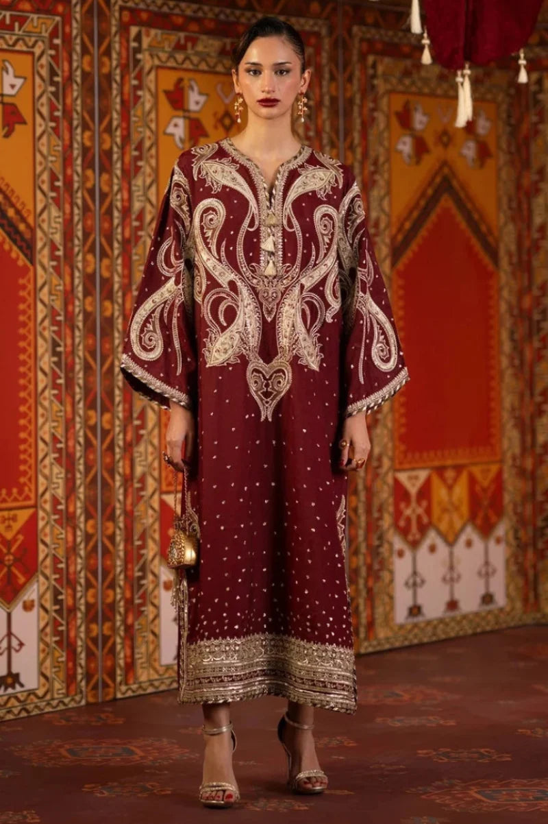 Deep Maroon & Gold Accent: Embroidered Silk Kaftan