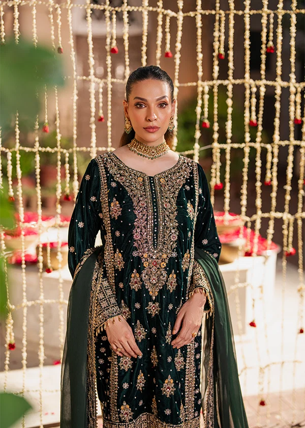 Emerald Green & Antique Gold: Embroidered Velvet Suit