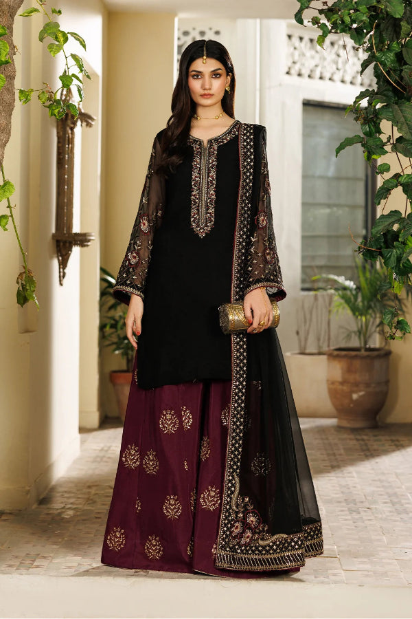 Midnight Black & Deep Plum: Embroidered Chiffon Suit