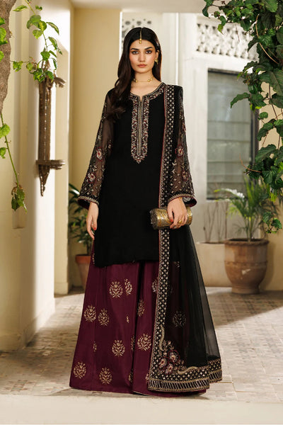 Midnight Black & Deep Plum: Embroidered Chiffon Suit