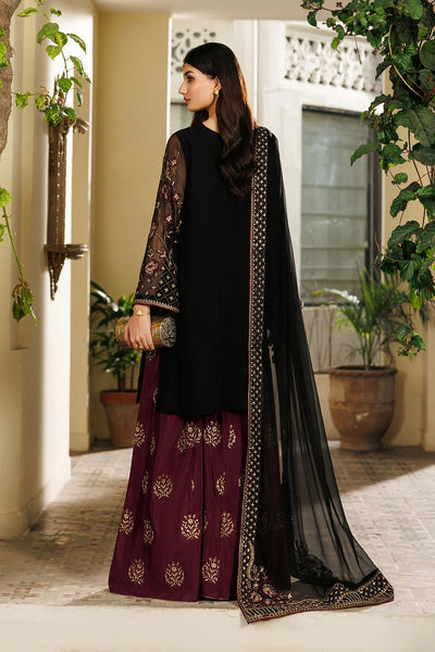 Midnight Black & Deep Plum: Embroidered Chiffon Suit