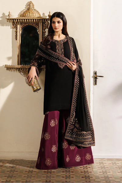 Midnight Black & Deep Plum: Embroidered Chiffon Suit