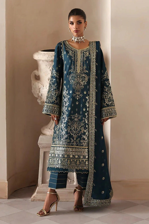 Deep Midnight Teal & Gold: Embroidered Chiffon Suit