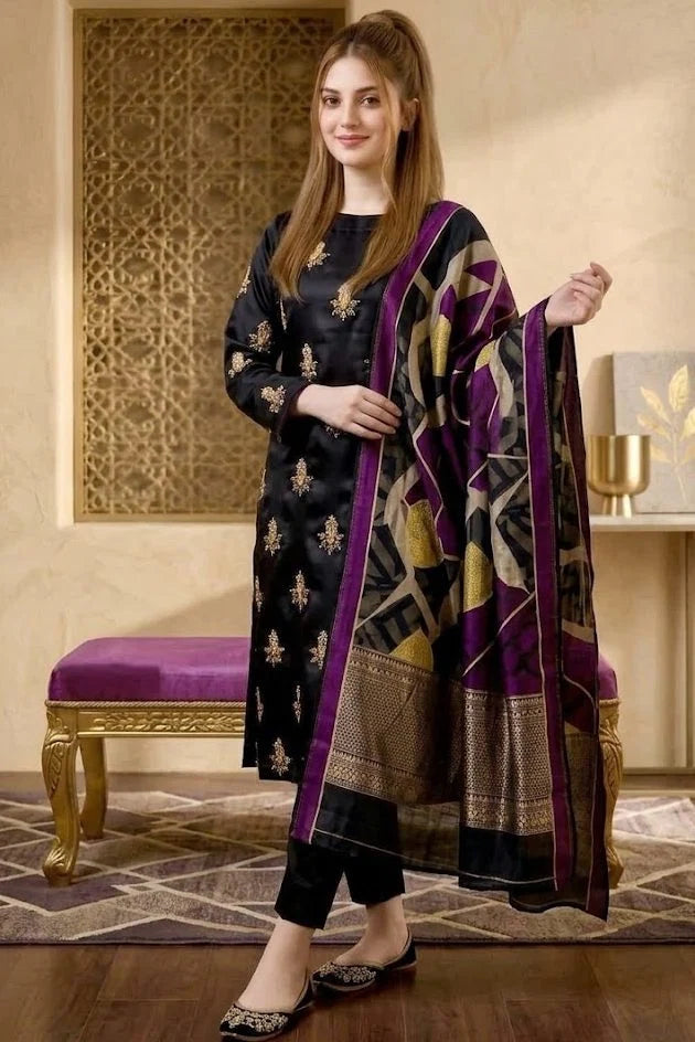 Midnight Black & Gold: Silk Suit With Pearls & Beads Handwork