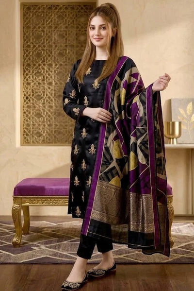 Midnight Black & Gold: Silk Suit With Pearls & Beads Handwork