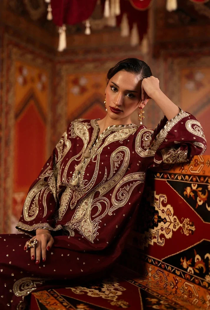Deep Maroon & Gold Accent: Embroidered Silk Kaftan