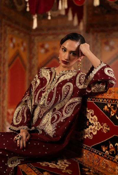 Deep Maroon & Gold Accent: Embroidered Silk Kaftan