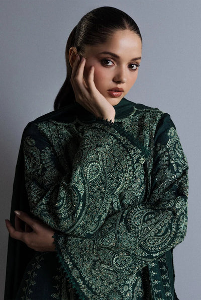 Forest Green & Mint Accent: Embroidered Cotton Suit | Ready To Wear