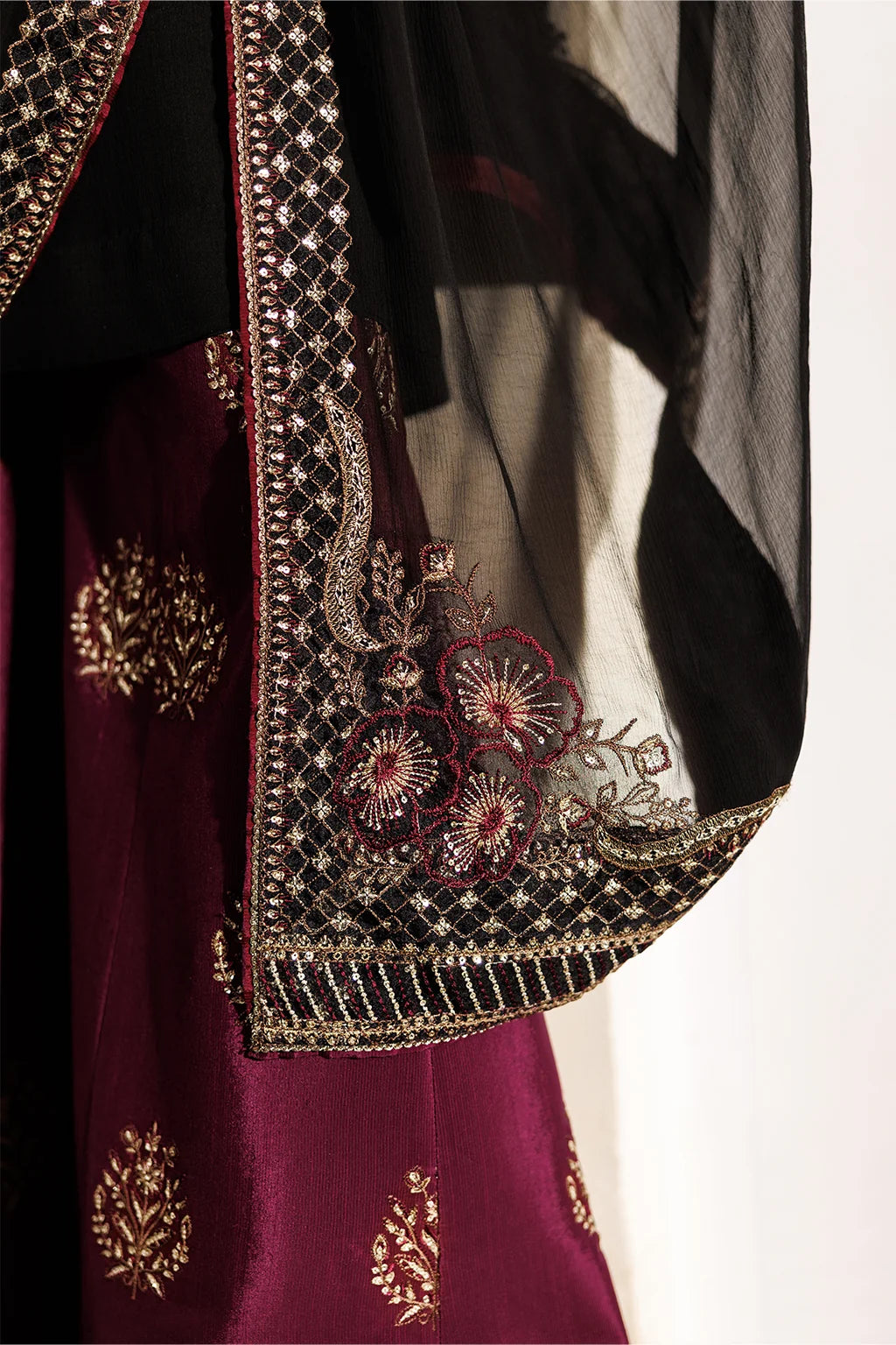 Midnight Black & Deep Plum: Embroidered Chiffon Suit