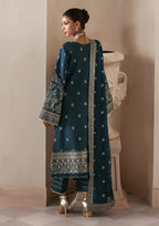 Deep Midnight Teal & Gold: Embroidered Chiffon Suit