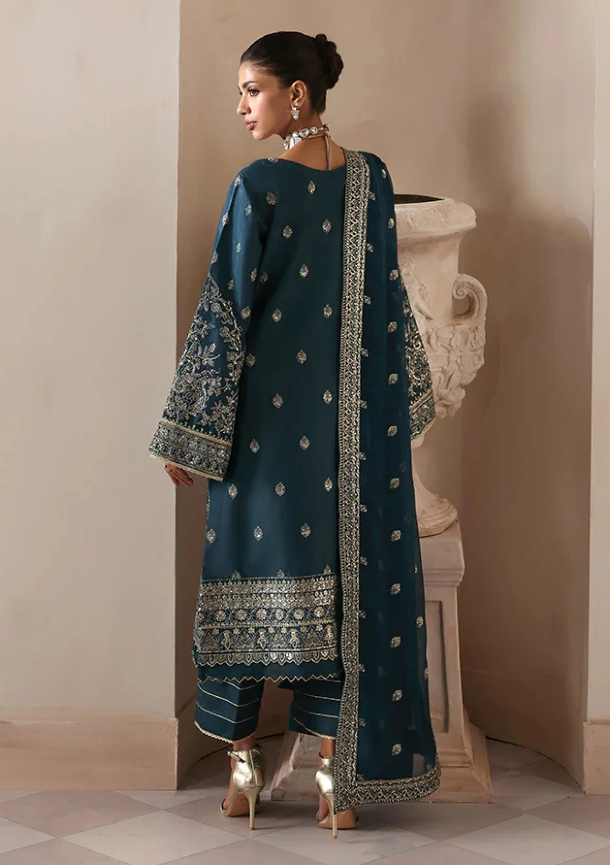 Deep Midnight Teal & Gold: Embroidered Chiffon Suit
