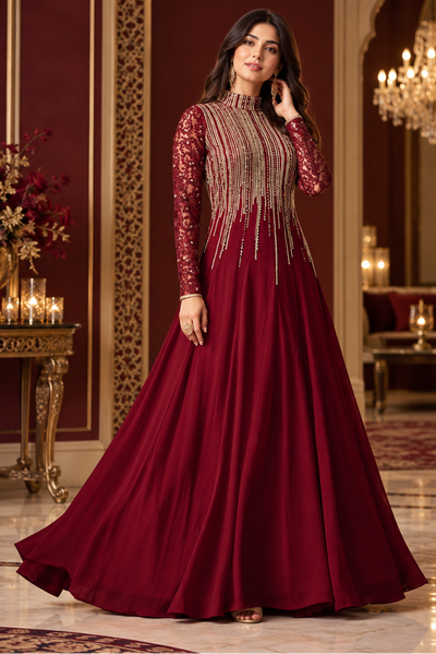 Maroon Heavy Embroidered Chiffon Maxi – Ready-to-Wear 3 Piece