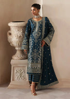 Deep Midnight Teal & Gold: Embroidered Chiffon Suit
