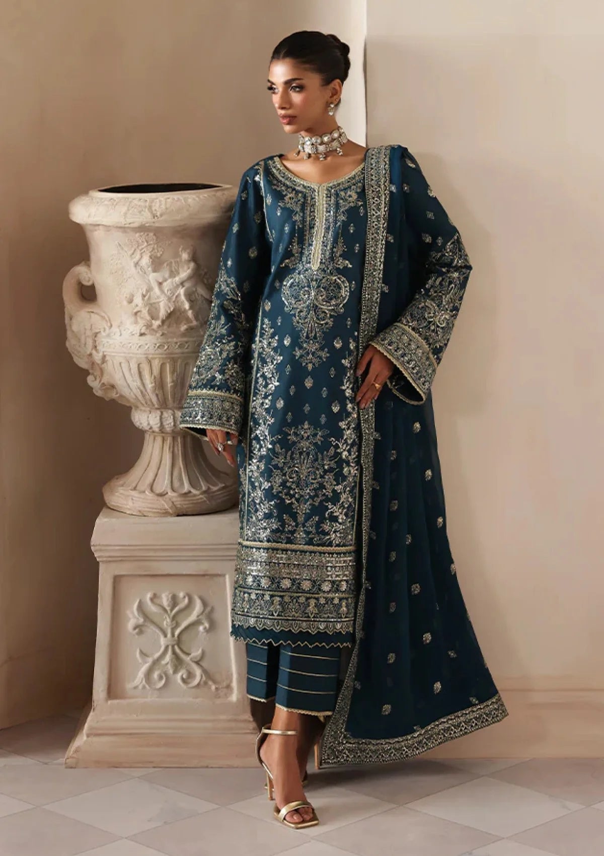 Deep Midnight Teal & Gold: Embroidered Chiffon Suit