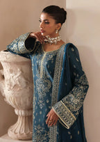 Deep Midnight Teal & Gold: Embroidered Chiffon Suit