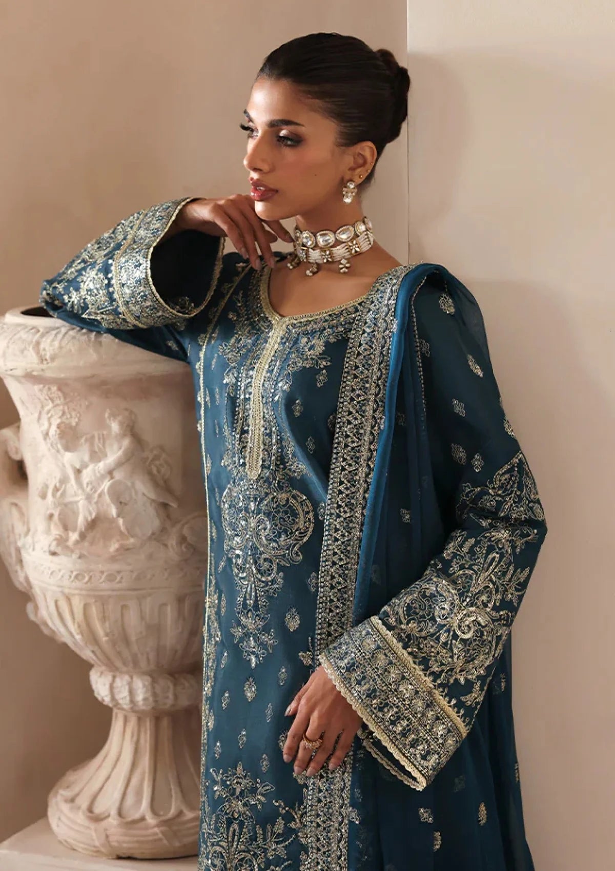 Deep Midnight Teal & Gold: Embroidered Chiffon Suit