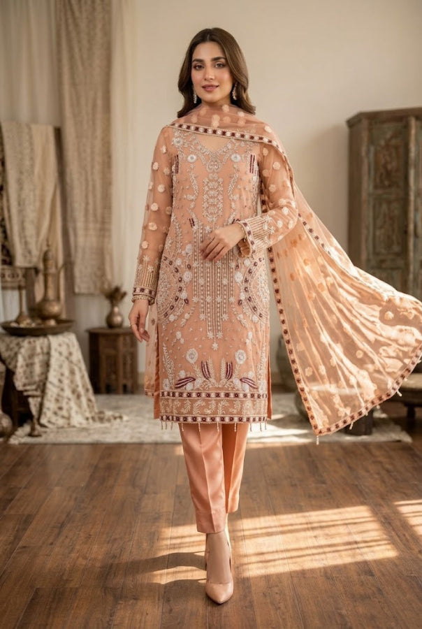 Apricot Peach & Pearl White Accent: Embroidered Net Suit