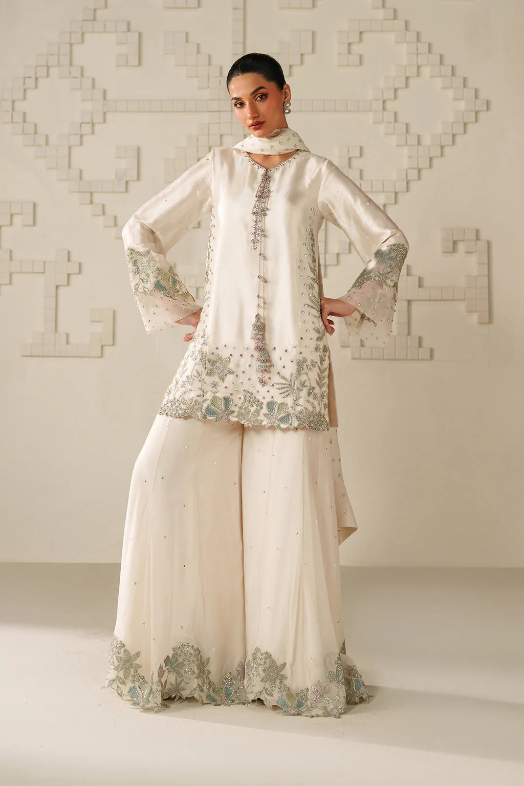 Moonlight Ivory: Embroidered Chiffon Suit