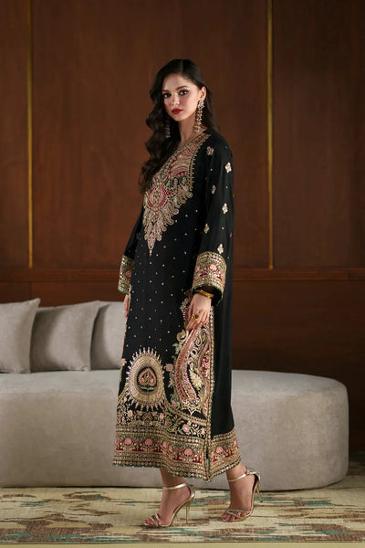 Black Kashmiri Royale: Charmoush Embroidered Silk Kaftan | Ready To Wear