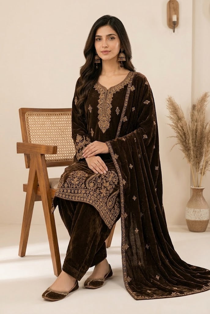 Deep Chocolate Brown & Antique: Embroidered Velvet Suit
