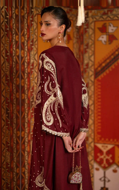 Deep Maroon & Gold Accent: Embroidered Silk Kaftan