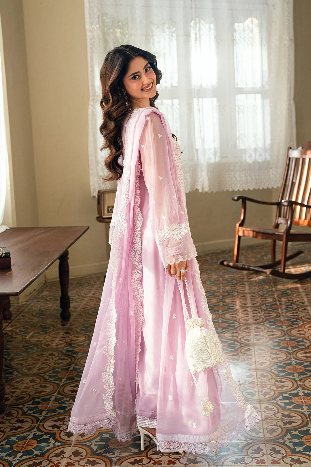 Pastel Lavender & Soft White: Embroidered Chiffon Suit