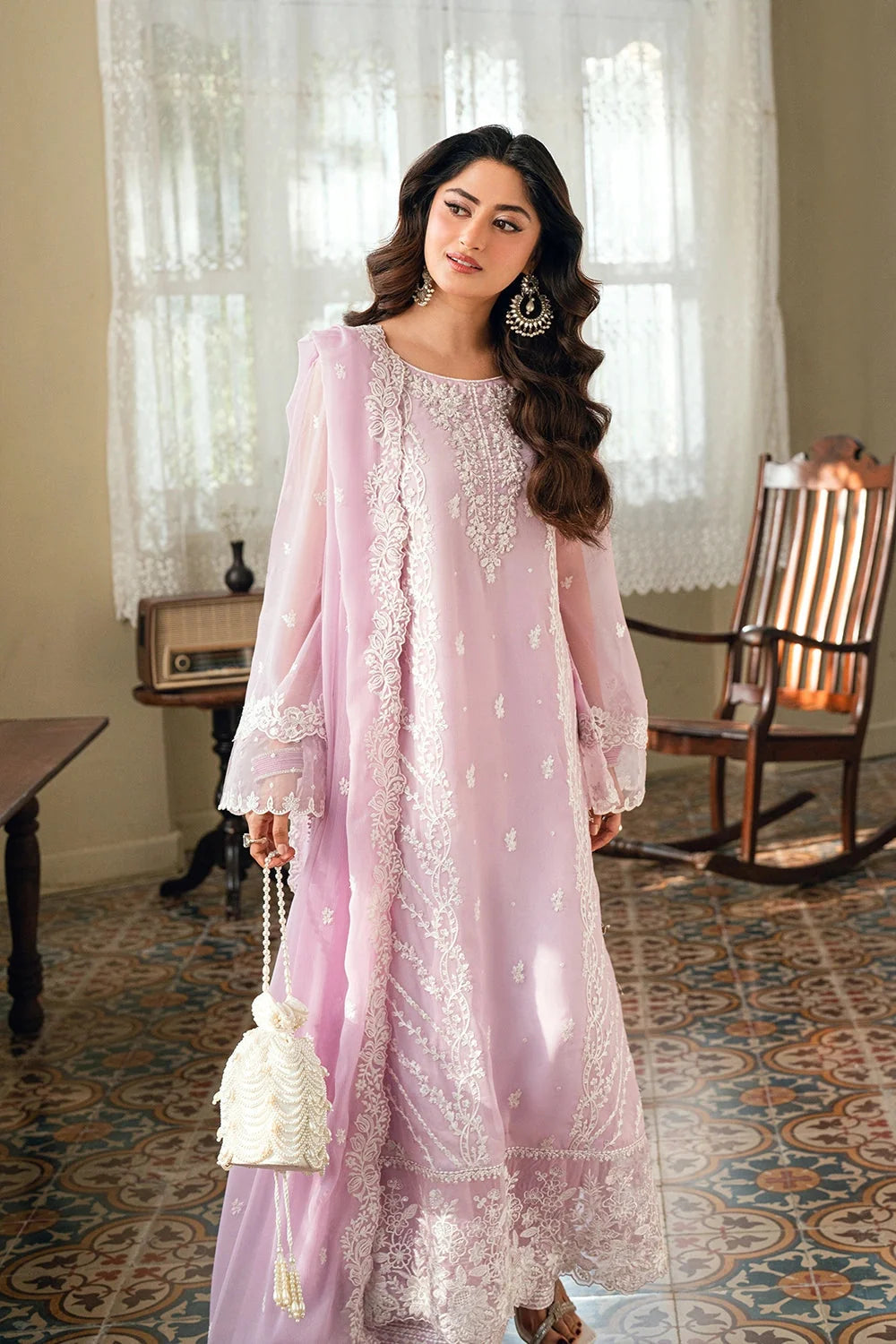 Pastel Lavender & Soft White: Embroidered Chiffon Suit
