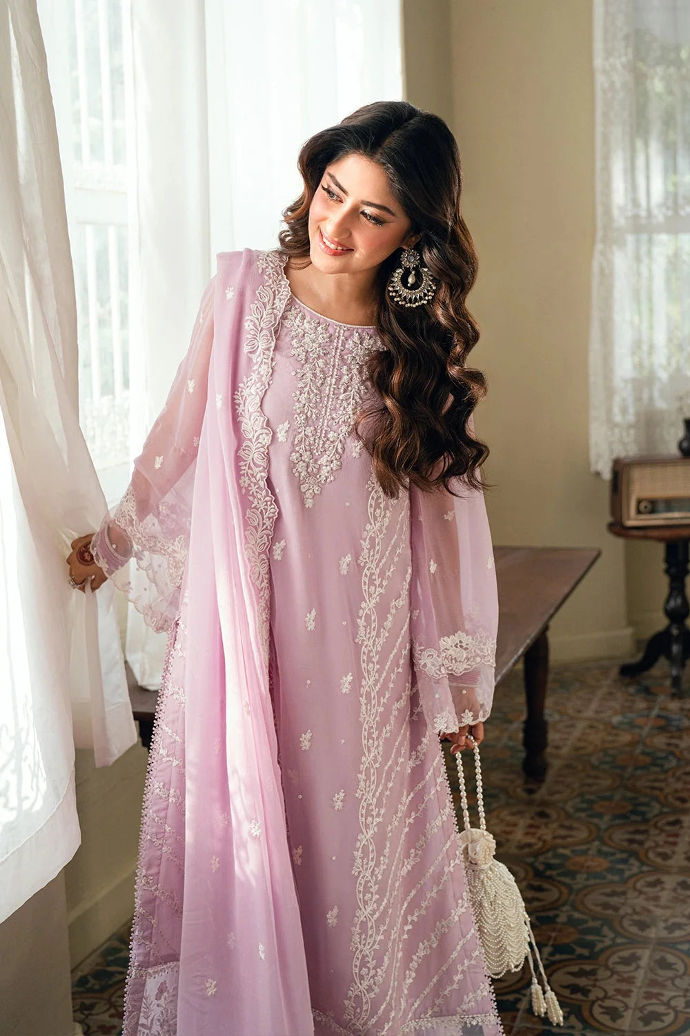 Pastel Lavender & Soft White: Embroidered Chiffon Suit