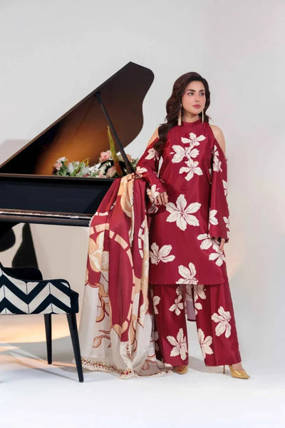 Regal Maroon Silk 3-Piece Luxury Ready-to-Wear Ensemble