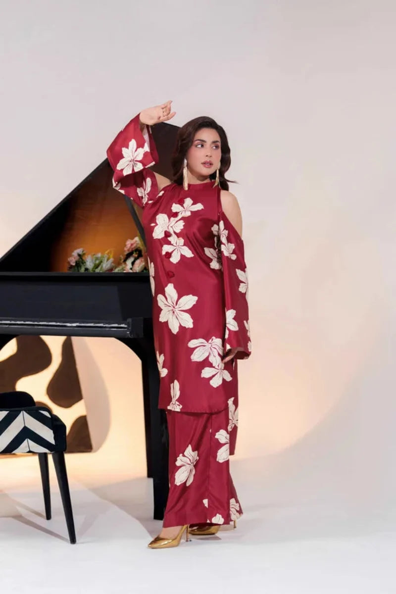 Regal Maroon Silk 3-Piece Luxury Ready-to-Wear Ensemble