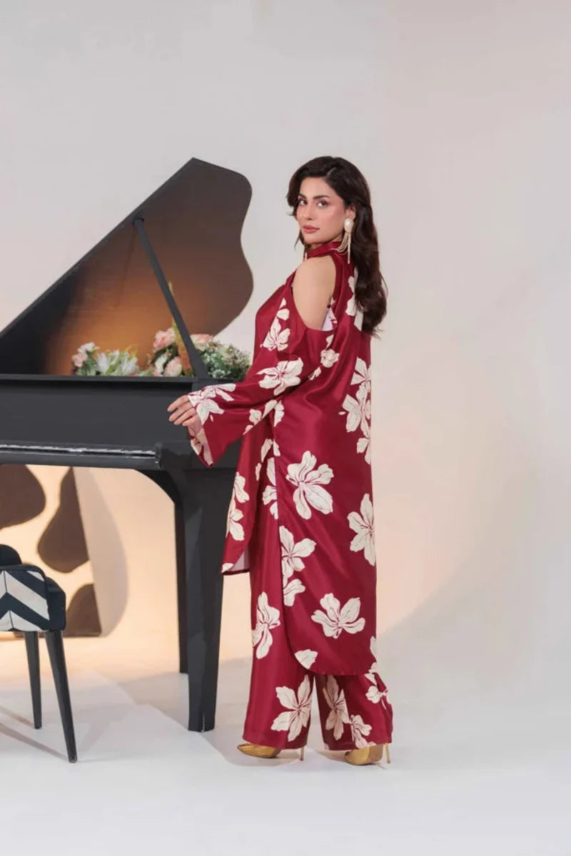 Regal Maroon Silk 3-Piece Luxury Ready-to-Wear Ensemble