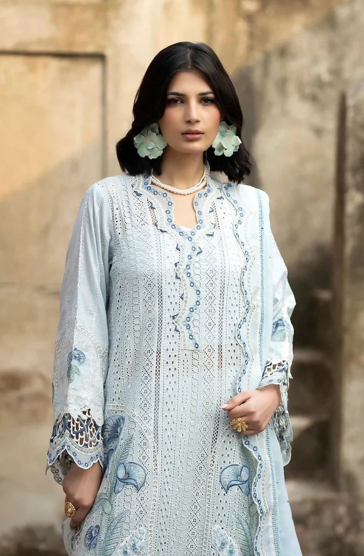 Crisp Ice Blue & White Cutwork Embroidered Chiffon Suit