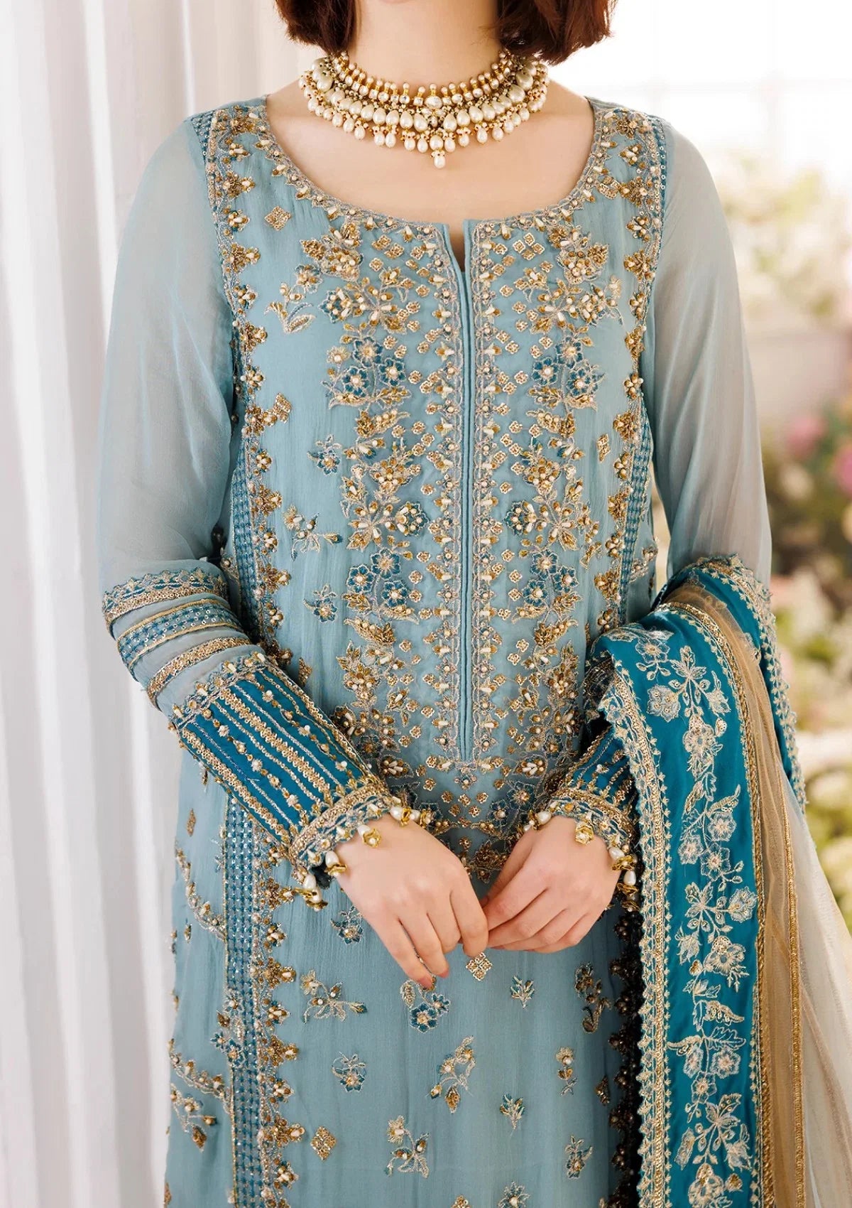 Pastel Ice Blue: Embroidered Chiffon Suit | Ready To Wear