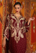 Deep Maroon & Gold Accent: Embroidered Silk Kaftan