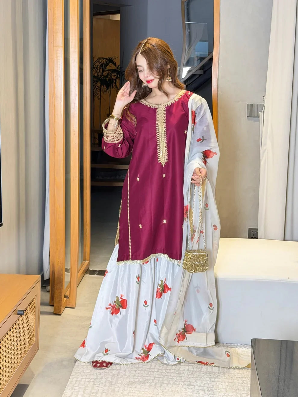 03-Piece Embroidered Shamoz Silk Suit