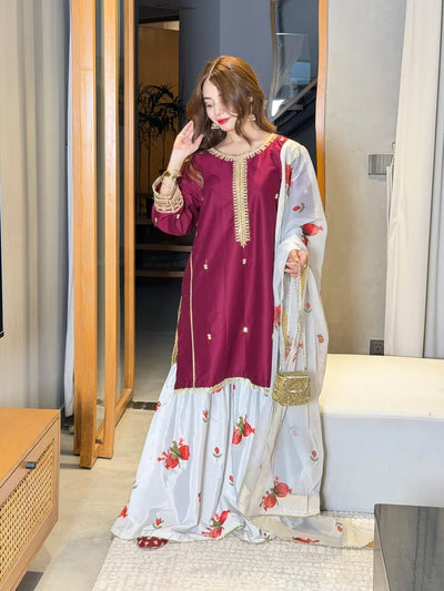 03-Piece Embroidered Shamoz Silk Suit