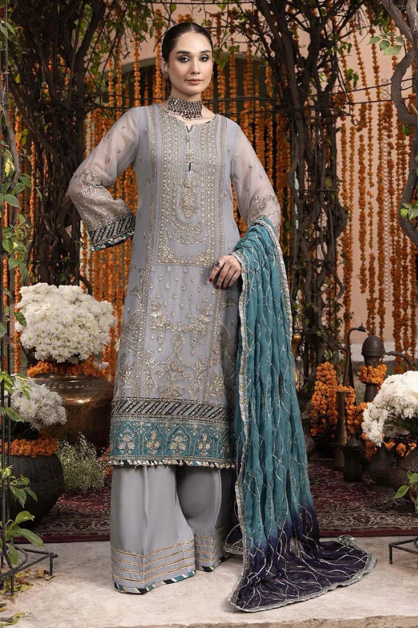 Steel Grey: Embroidered Chiffon Suit | Ready To Wear