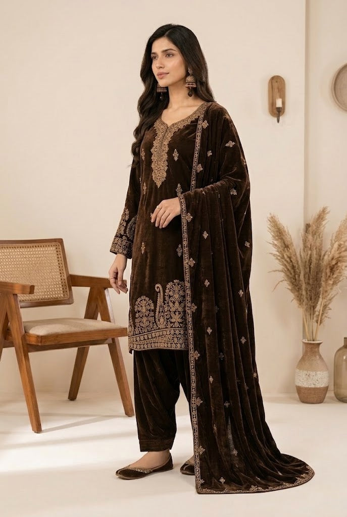 Deep Chocolate Brown & Antique: Embroidered Velvet Suit